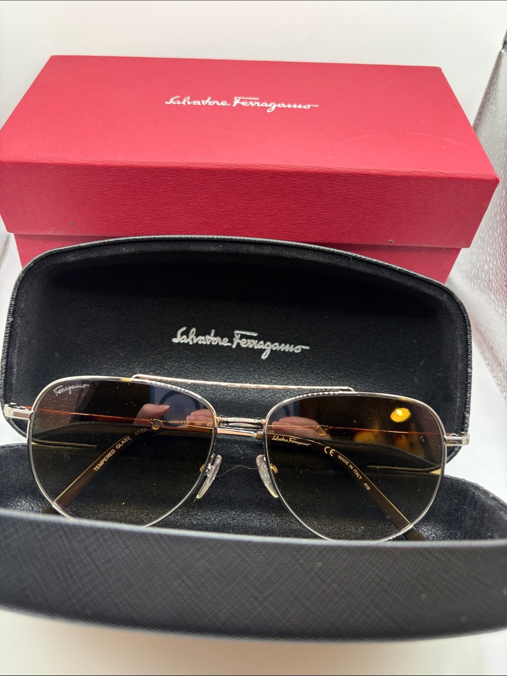 Salvatore Ferragamo Silver Frame Sunglasses with Light Brown Gradient Lenses NIB